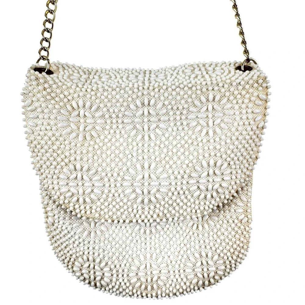 VTG‎ Beaded Purse Ivory Gold Shoulder Chain Evening Retro Elegant Formal 50s 60s